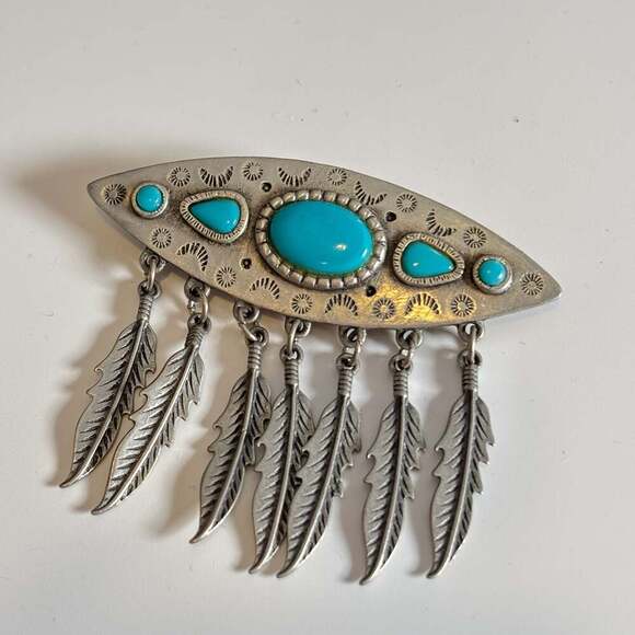 JJ Jewelry - JJ Jonette Jewelry Southwestern Style Turquoise Feather Dangle Brooch Pewter Pin